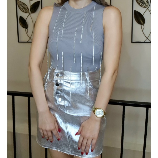 Gri Sıfır Kol Zincir Detaylı Bluz