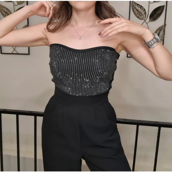 Siyah Parıltılı Taşlı Straplez Bluz